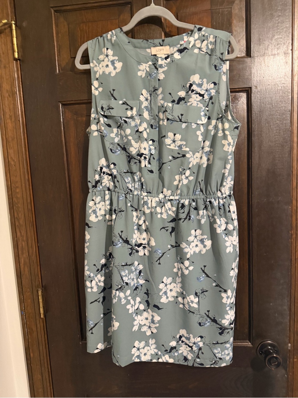LOFT Sage Green Floral Sleeveless Elastic-Waist Dress